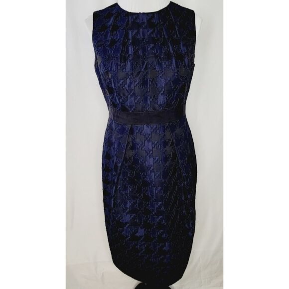 Carmen Marc Volvo Sheath Dress Houndstooth Jaquared Textured Blue Black  Size 10 - Picture 2 of 12